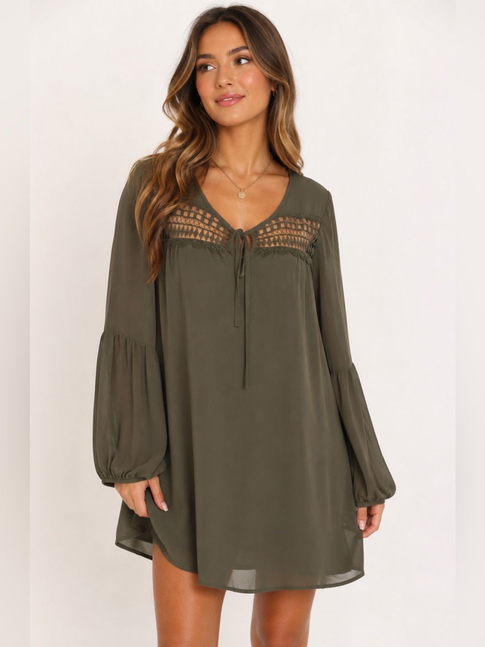 Halo Olive Crochet Yoke Long Sleeve Dress